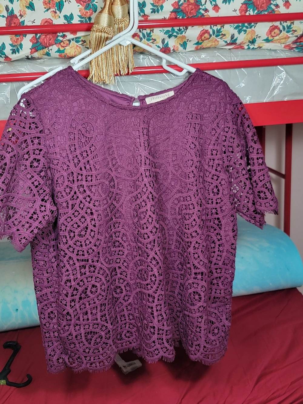 Philosophy Plum Crochet Lace Short Sleeve Blouse